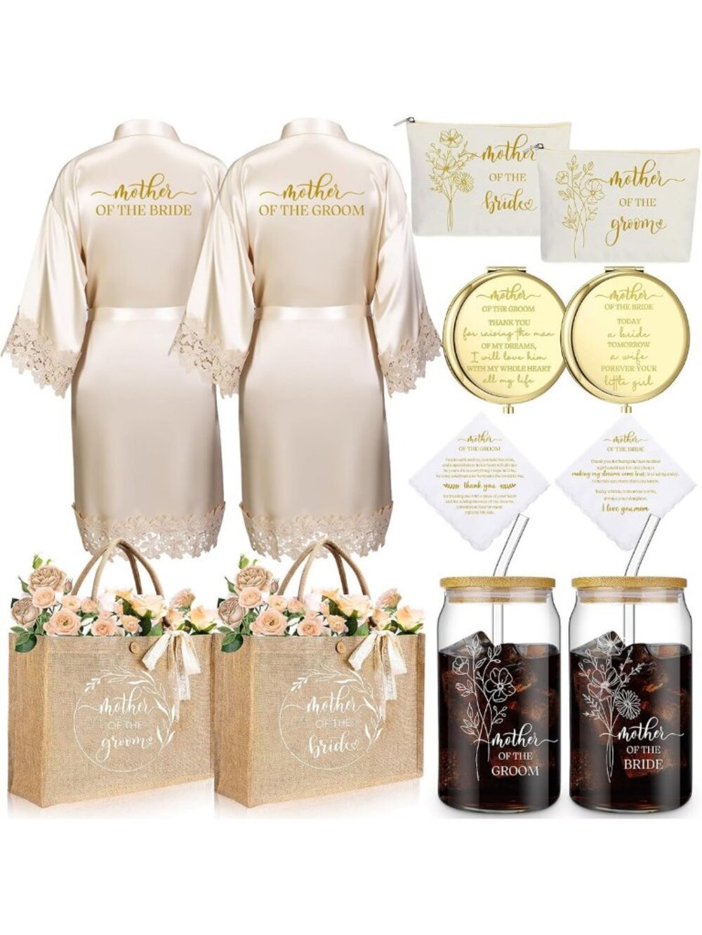 Elegant 12-Piece Mother of Bride Robe Gift Set - Floral Design, Champagne Gold